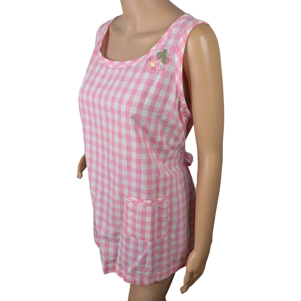 VTG 60s Handmade Gingham Apron Pink White Floral Applique Cottagecore Prairie - Picture 4 of 6